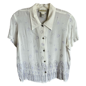 Vintage 90s Sigrid Olsen Lightweight Embroidered Short Sleeve Button Up Top S